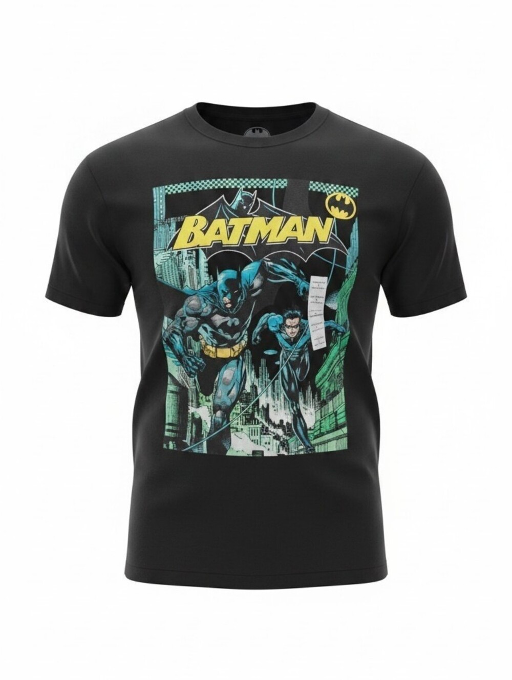 Batman Men's Black Graphic Tee with Yellow and Teal. Size Large, New